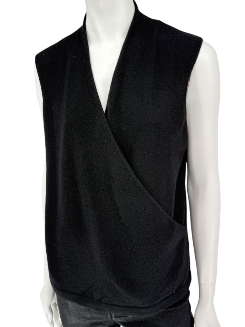 Linda Allard Ellen Tracy Black Wool Sleeveless Wrap Vest – Size L