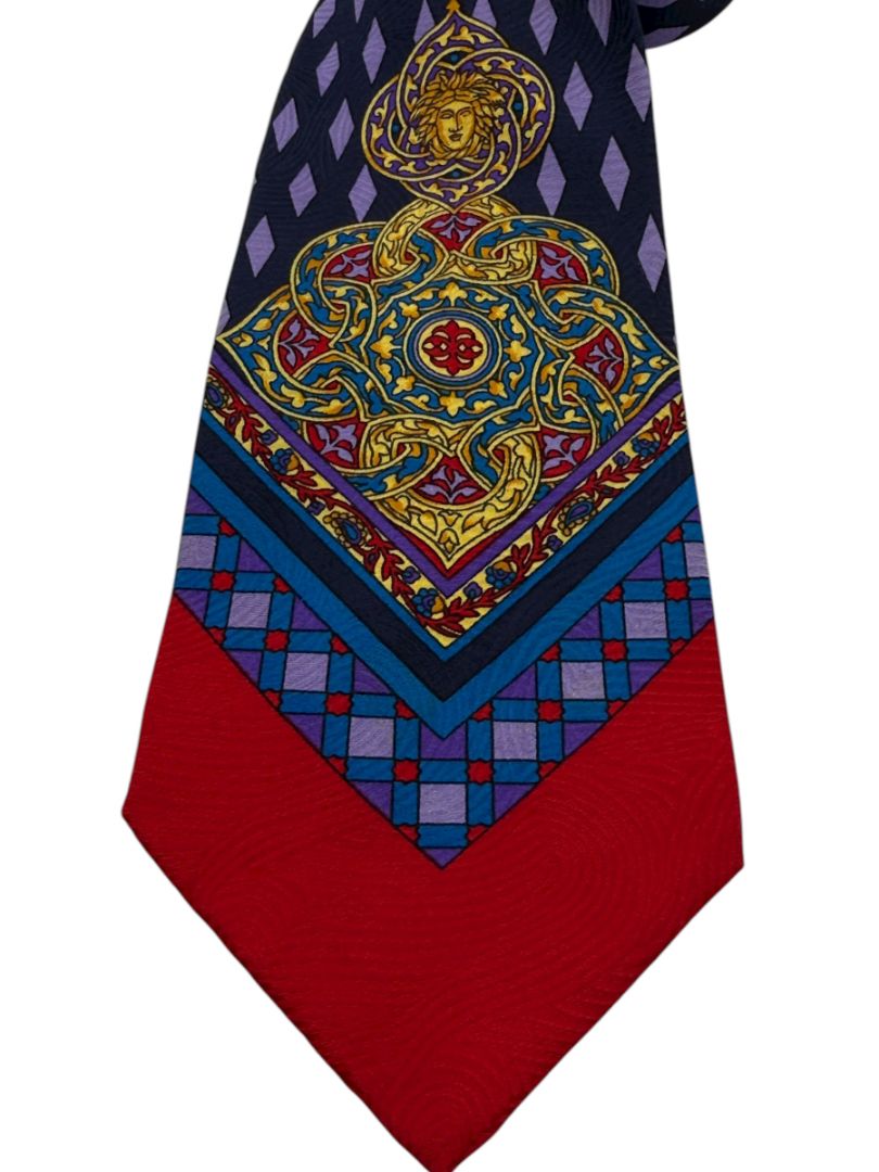 Gianni Versace Silk Tie – Medusa & Geometric Motif – Made in Spain