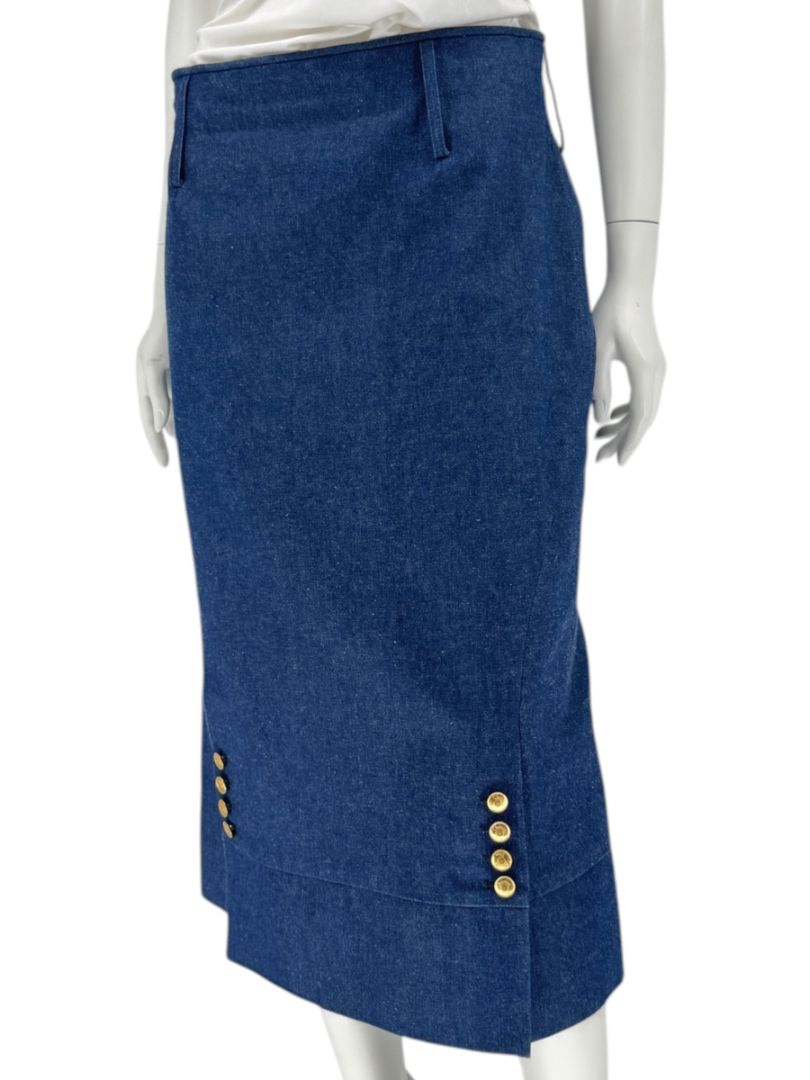Christian Dior Boutique Blue Denim Midi Skirt with Gold Buttons – Size 14
