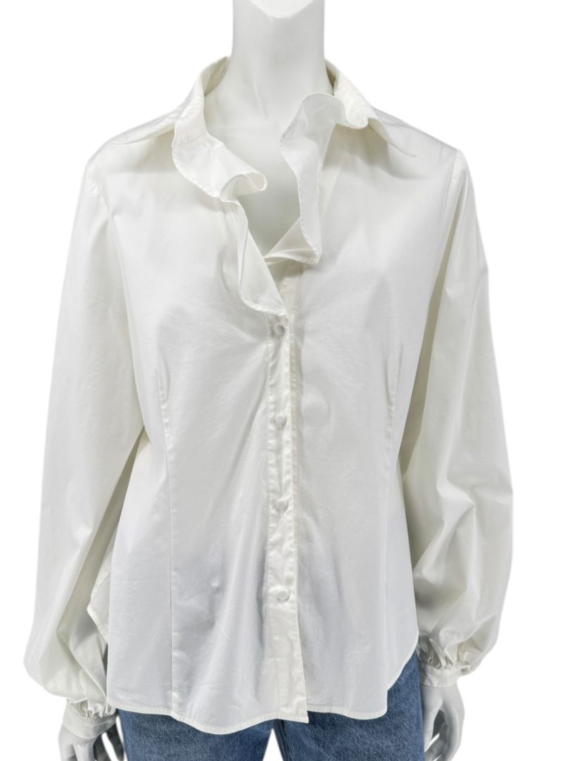 Lafayette 148 New York Ivory Cotton Blend Ruffle-Collar Blouse – Size 12