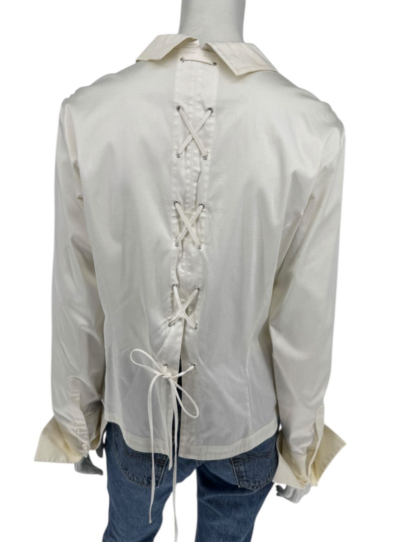 Escada White Cotton-Blend Lace-Up Back Dress Shirt – Size 42