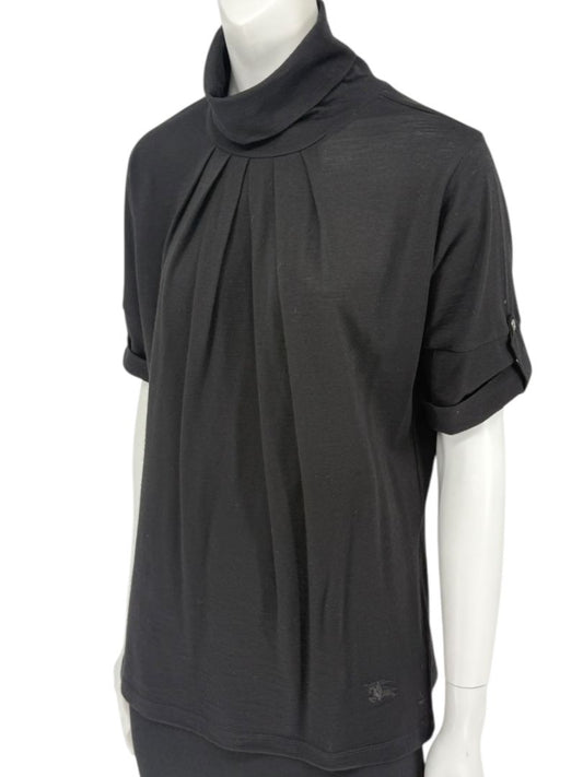 Burberry London Black Wool Short-Sleeve Pleated Funnel-Neck Top – Size L