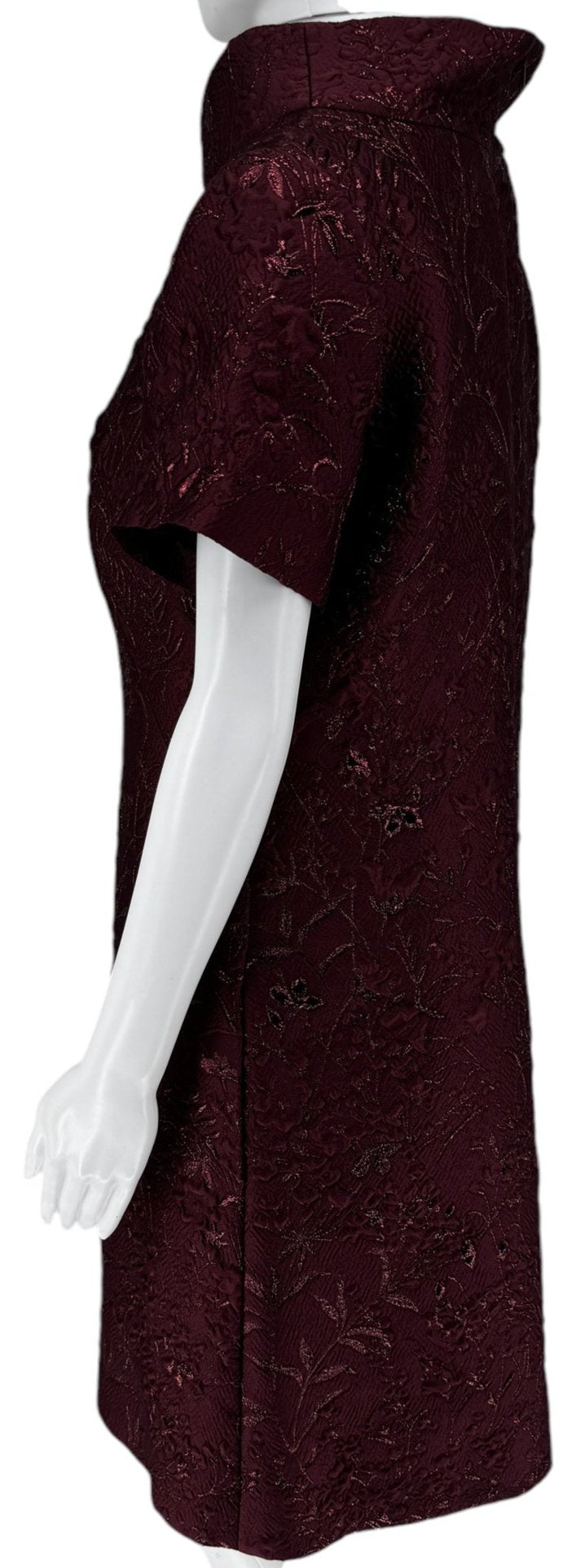 Pamella Roland -Bordeaux/Merlot/Wine Brocade Metallic Floral – Stand Collar, Cap sleeve, A-line dress. Size 8/10