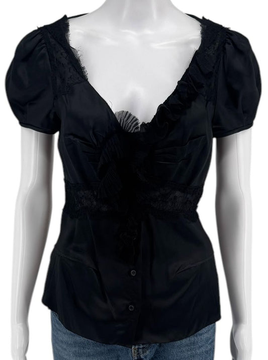 Prada Black Silk Lace Trim Ruffle Blouse – New with Tags – IT 40 / US 4