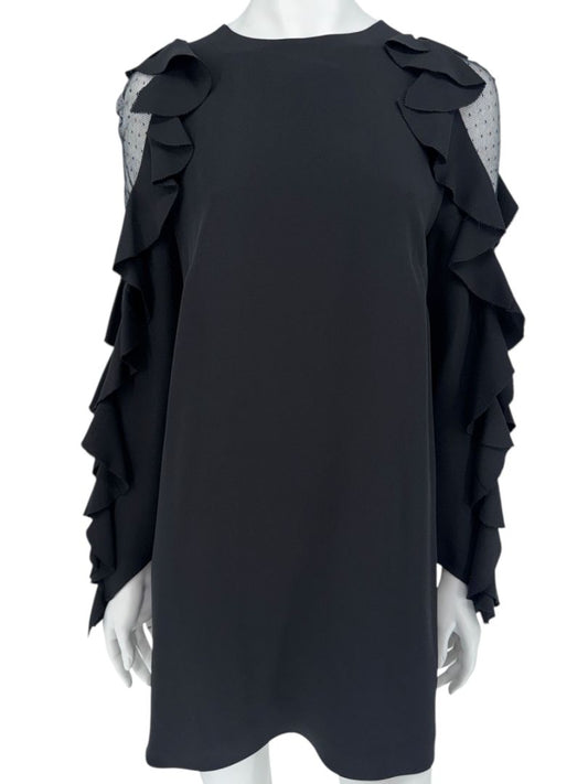 Valentino Black Long Sleeve Ruffle Mini Dress with Point d'Esprit Inset – Size US 10 / IT 46