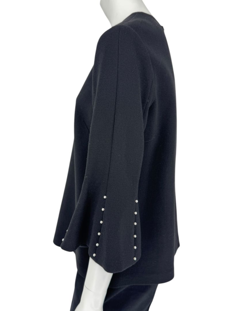 Lela Rose Black Wool-Blend Bell Sleeve Top with Pearl Trim – Size 6