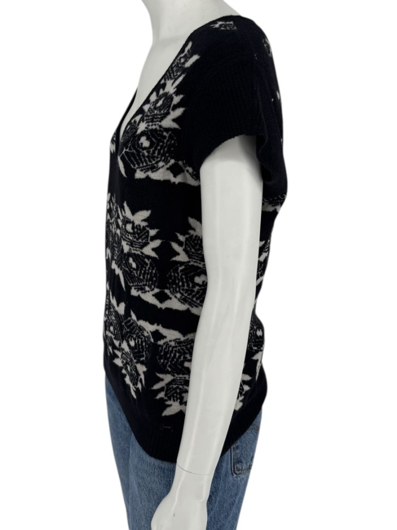 Chanel Black & Ivory Wool-Blend Deep V-Neck Sweater – Size FR 44