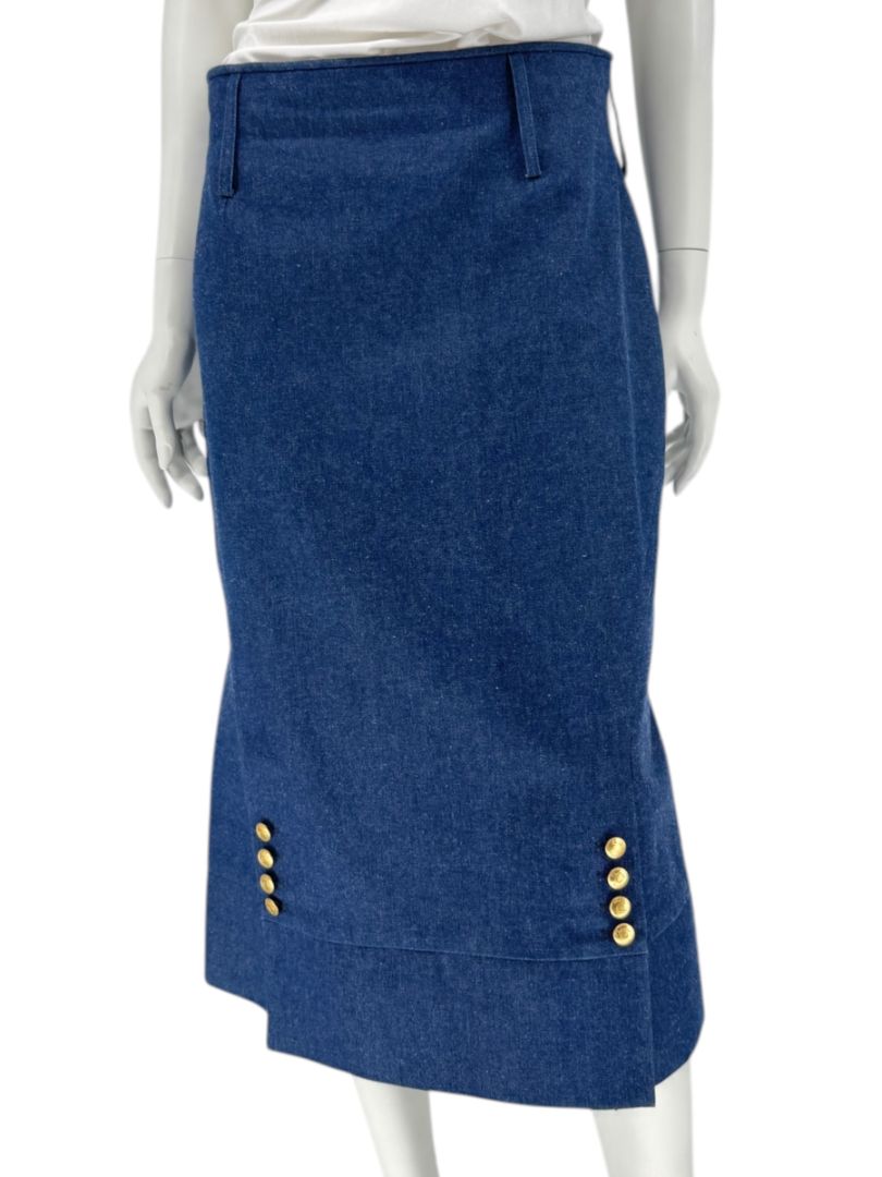 Christian Dior Boutique Blue Denim Midi Skirt with Gold Buttons – Size 14