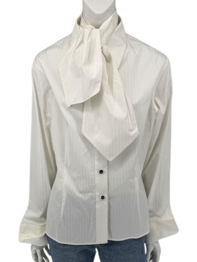 Zang Toi Ivory Striped Blouse with Detachable Neck Tie – Size 14