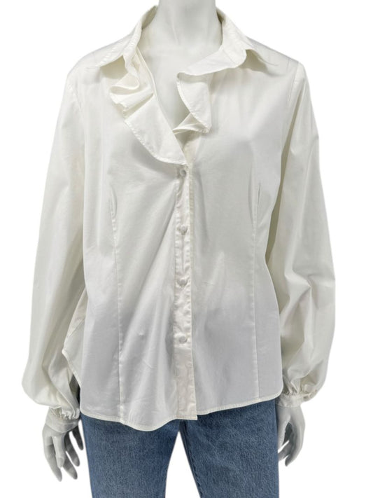 Lafayette 148 New York Ivory Cotton Blend Ruffle-Collar Blouse – Size 12