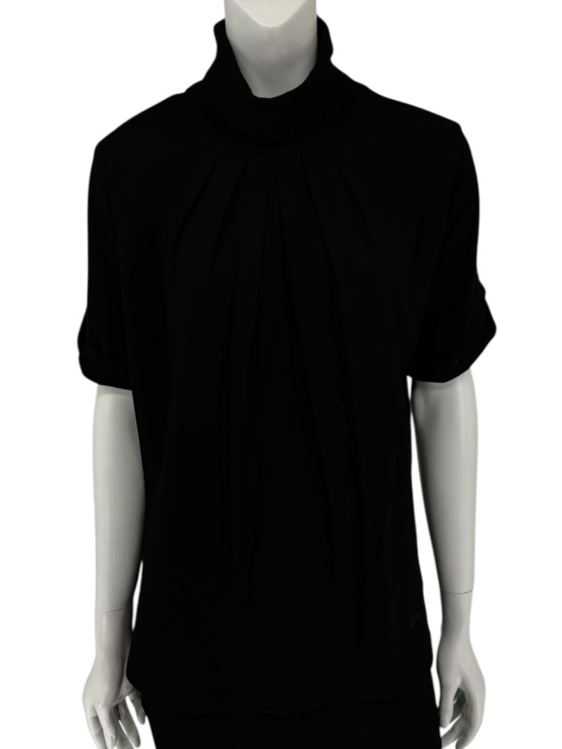 Burberry London Black Wool Short-Sleeve Pleated Funnel-Neck Top – Size L
