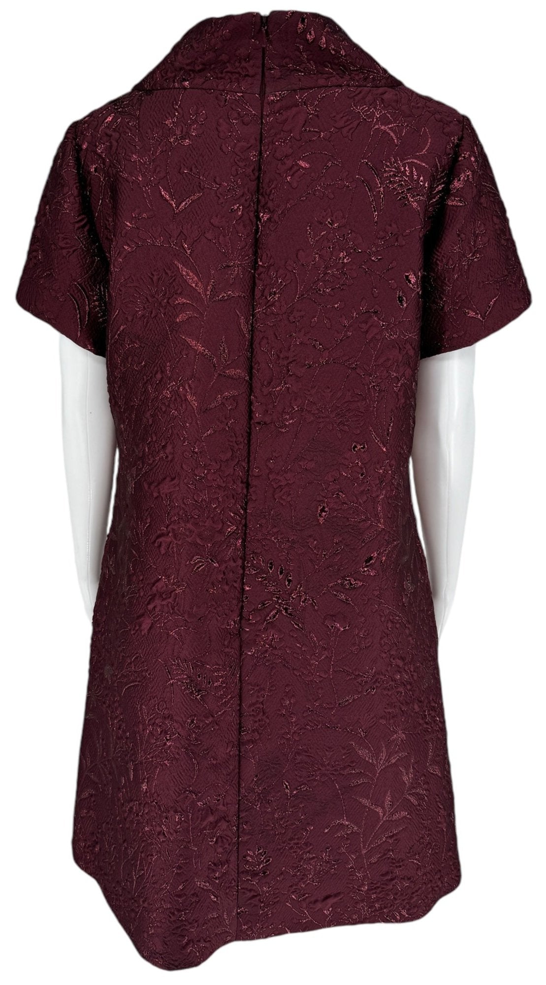 Pamella Roland -Bordeaux/Merlot/Wine Brocade Metallic Floral – Stand Collar, Cap sleeve, A-line dress. Size 8/10