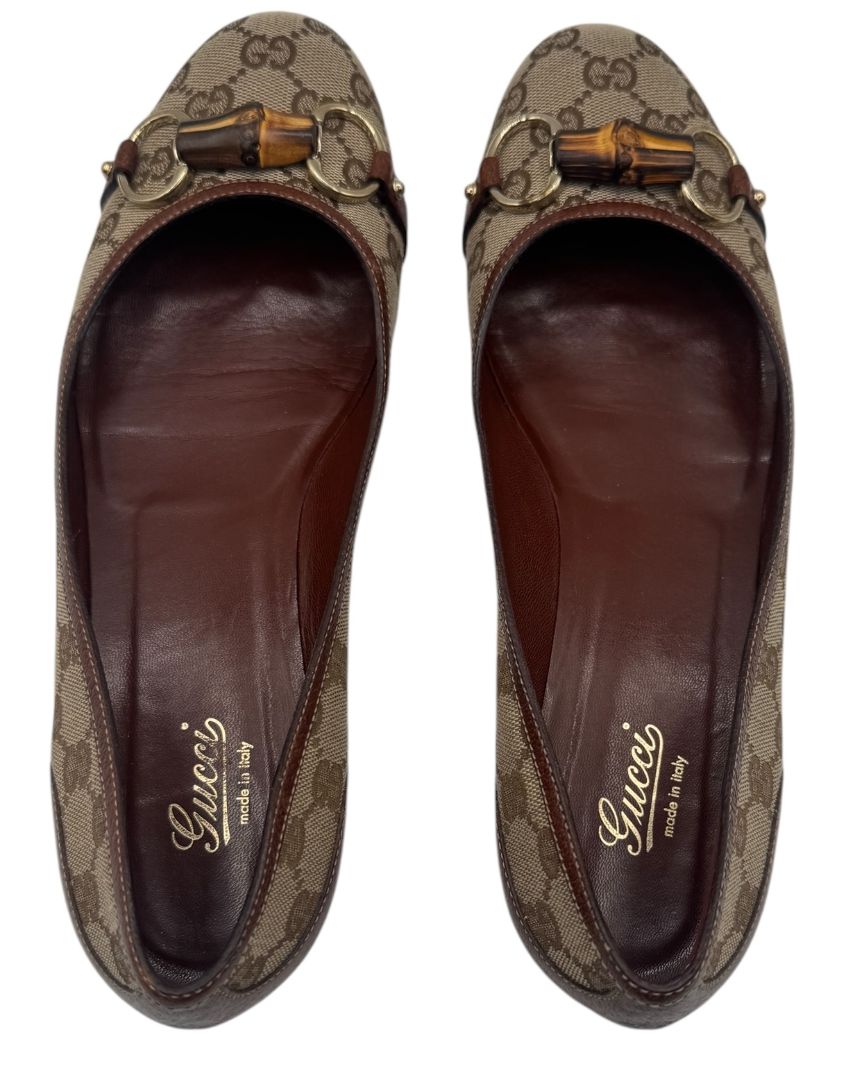 Gucci GG Canvas & Leather Bamboo Horsebit Flats – Size 11B (Made in Italy)
