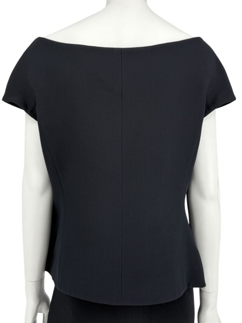 Christian Dior Paris Black Off-Shoulder Wool-Silk Asymmetric Button Top – Size FR 42 / US 10