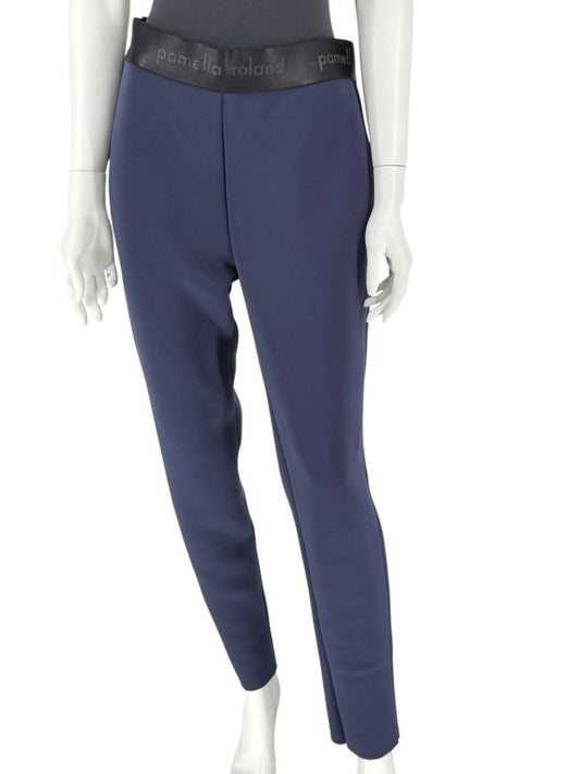 Pamella Roland Navy Slim-Leg Pants with Black Logo Waistband – Large