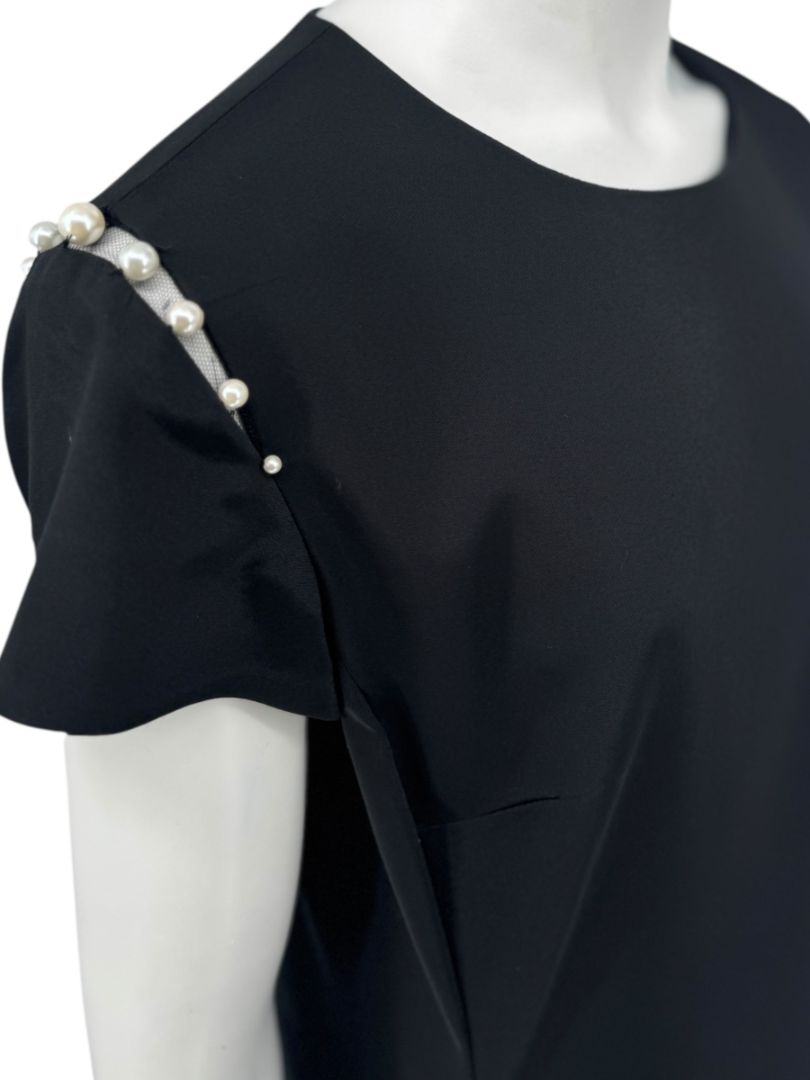 Pamella Roland Black Pearl-Trim Sleeve Handkerchief Hem Dress – Large