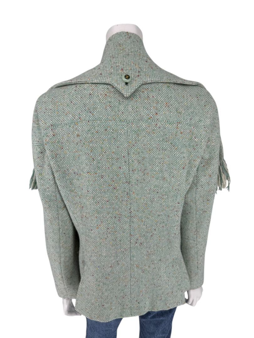 Chanel Women’s Mint Green Wool-Mohair Blend Tweed Jacket with Detachable Scarf – Size 44