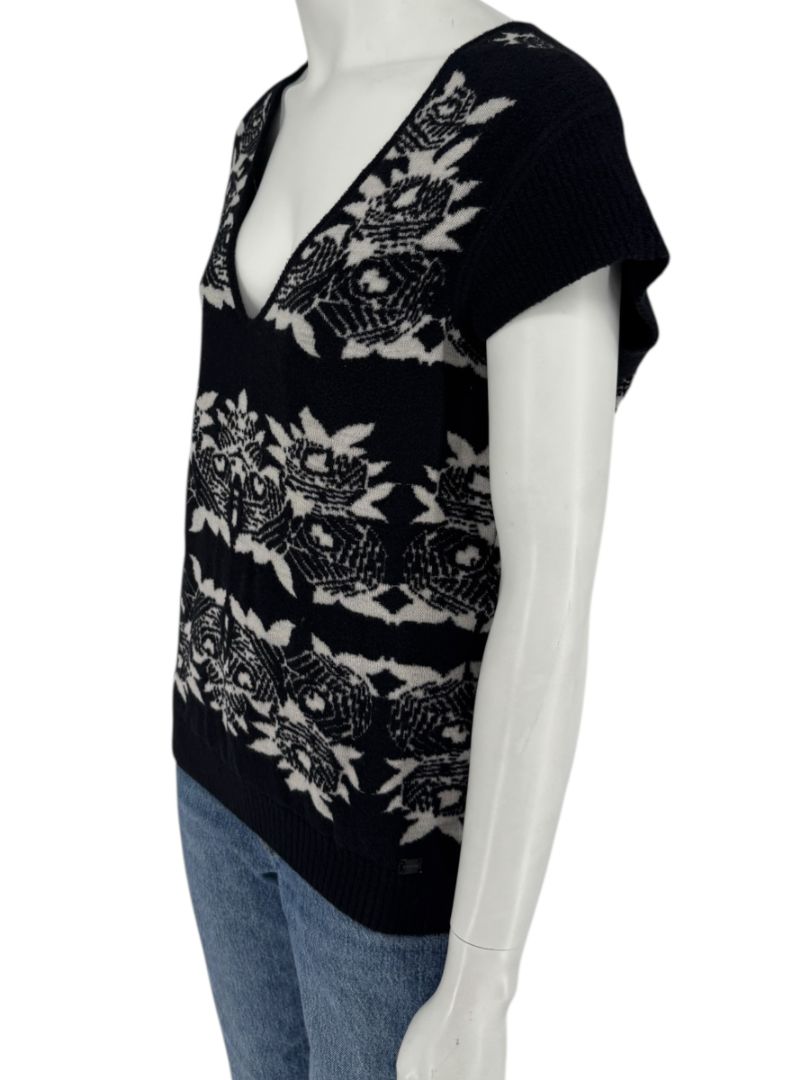 Chanel Black & Ivory Wool-Blend Deep V-Neck Sweater – Size FR 44