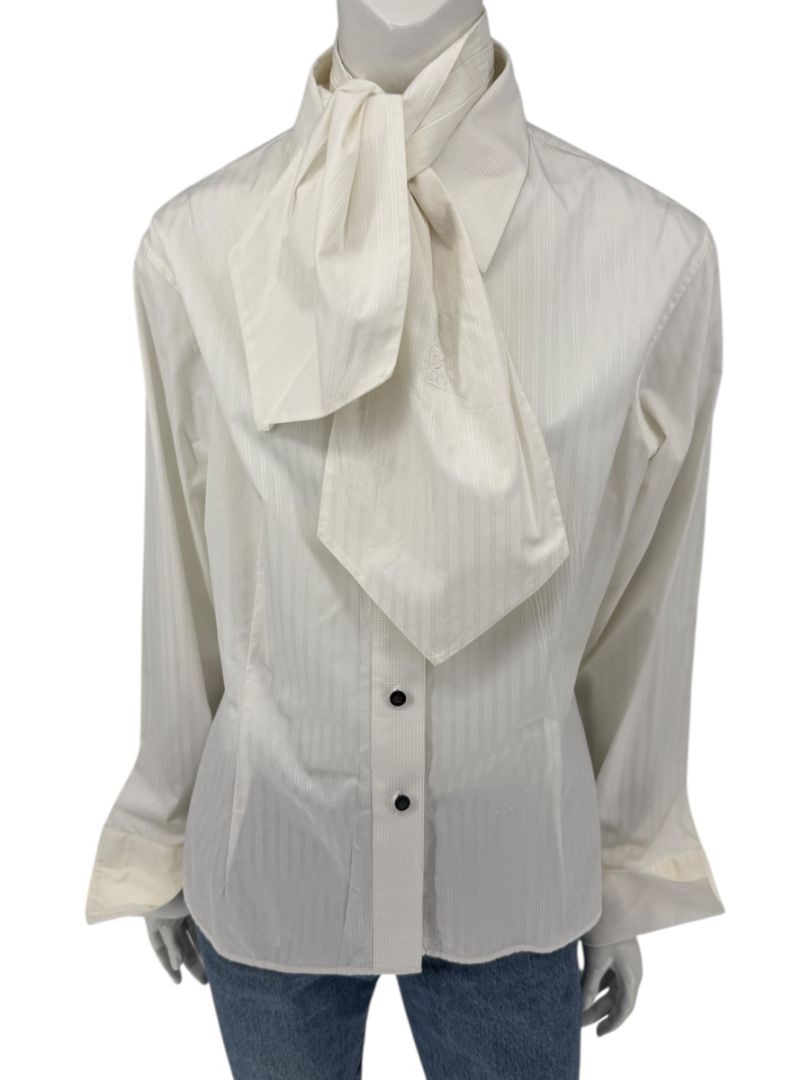 Zang Toi Ivory Striped Blouse with Detachable Neck Tie – Size 14