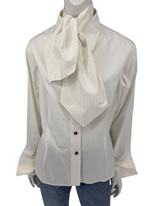 Zang Toi Ivory Striped Blouse with Detachable Neck Tie – Size 14