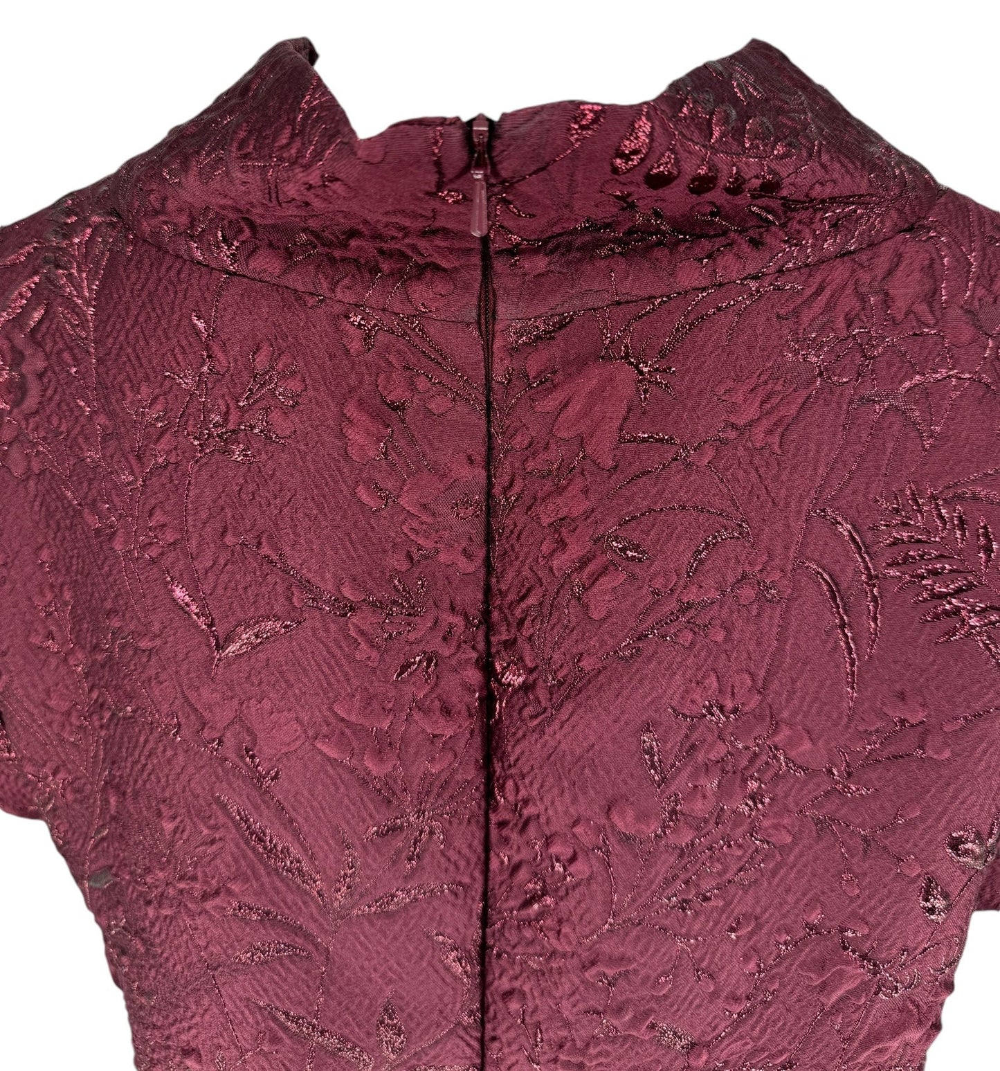 Pamella Roland -Bordeaux/Merlot/Wine Brocade Metallic Floral – Stand Collar, Cap sleeve, A-line dress. Size 8/10