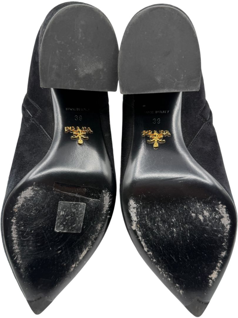 Prada Black Suede Pointed-Toe Booties – Size 39