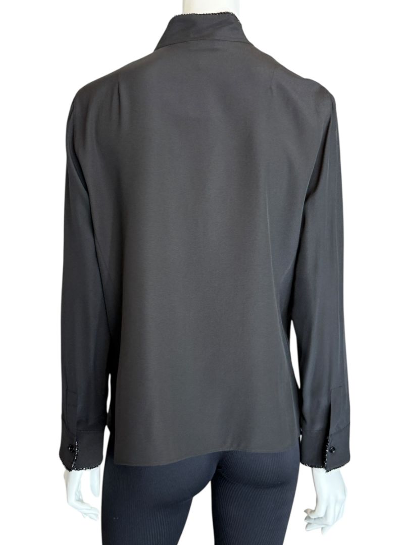 Akris Black Silk Blouse with Beaded Trim – Size US 10