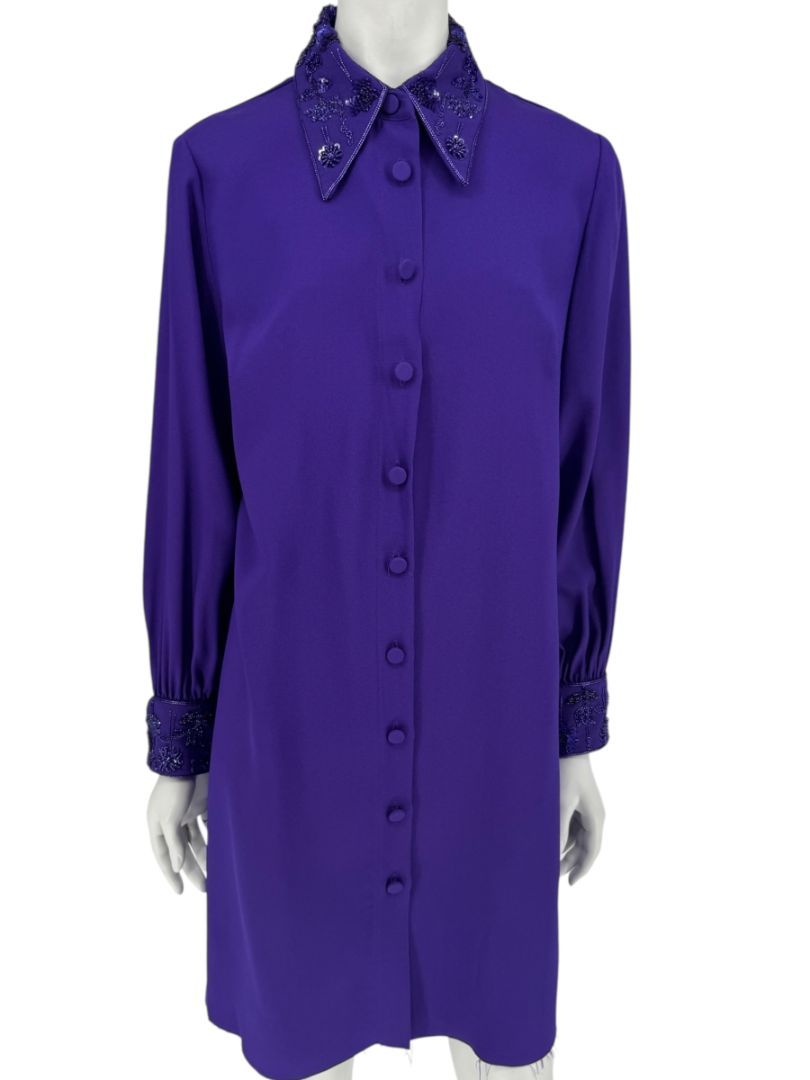 Pamella Roland Purple Beaded Collar & Cuff Shirt Dress with Slip – Large
