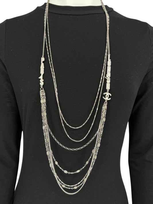 Chanel Silver Multi-Strand “Paris London” Crystal Chain Necklace