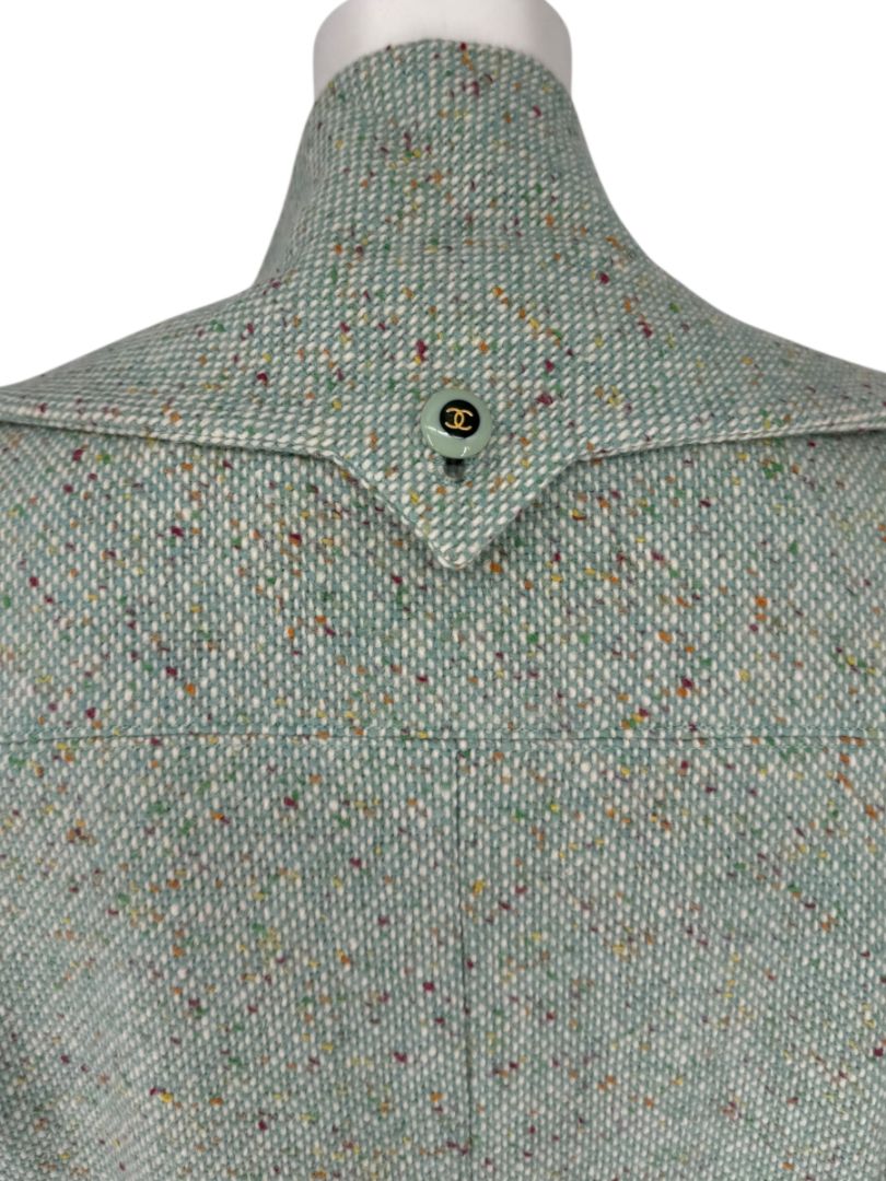 Chanel Women’s Mint Green Wool-Mohair Blend Tweed Jacket with Detachable Scarf – Size 44