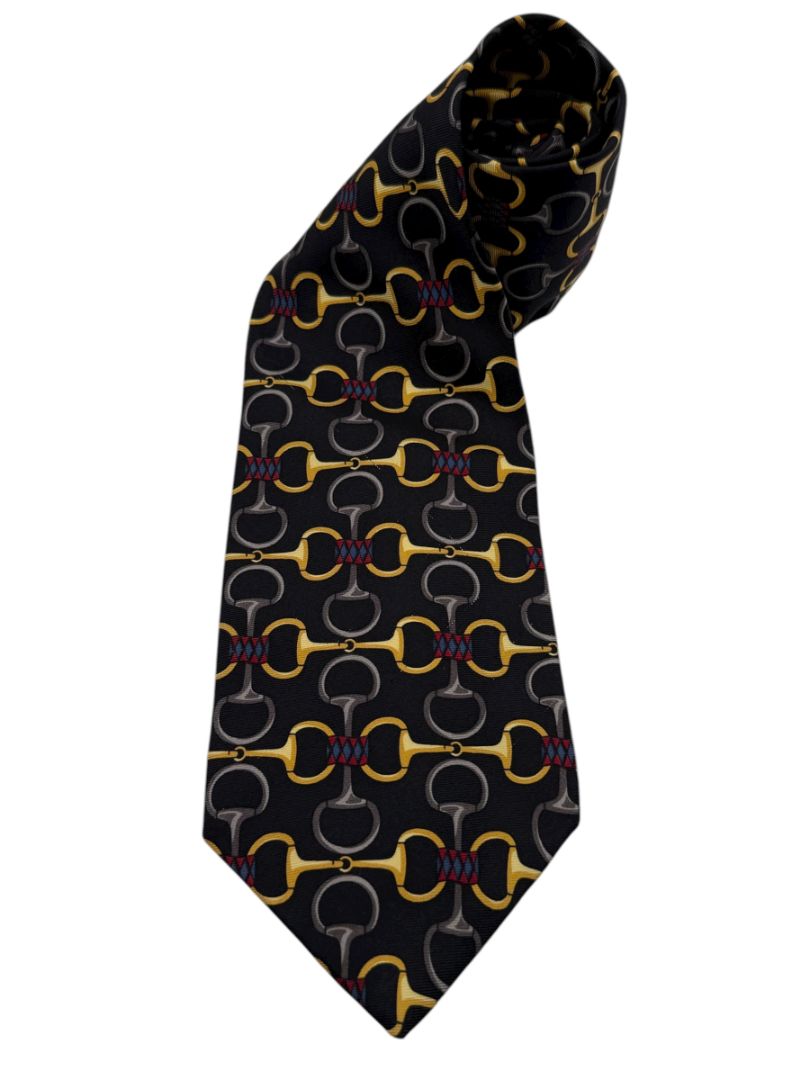 Paolo Gucci Silk Tie – Equestrian Bit Pattern – Black & Gold