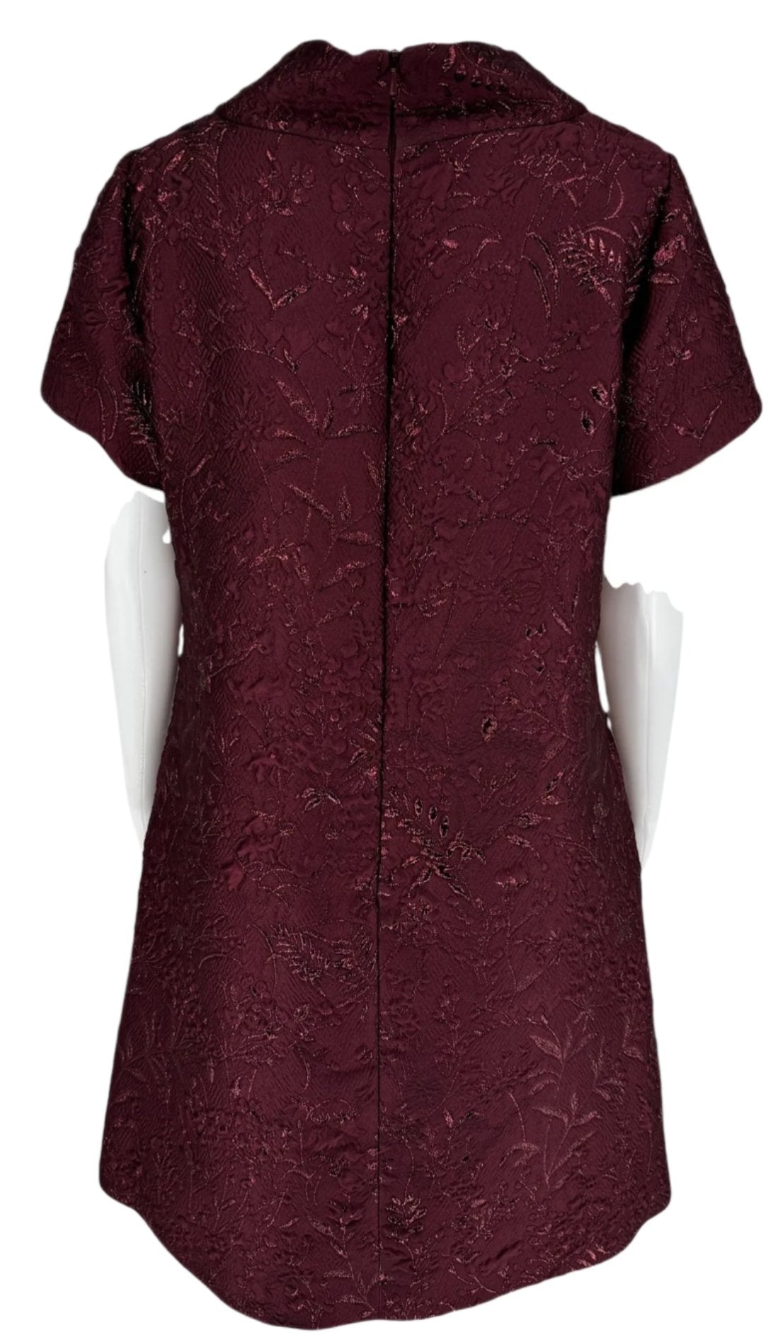 Pamella Roland -Bordeaux/Merlot/Wine Brocade Metallic Floral – Stand Collar, Cap sleeve, A-line dress. Size 8/10