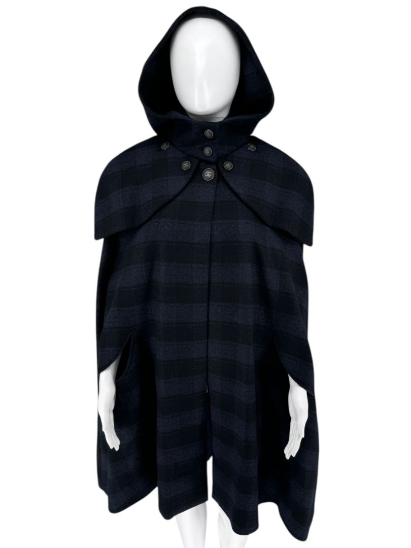*RARE* Chanel Navy & Black Plaid Wool Hooded Cape with Logo Buttons – Size FR 44