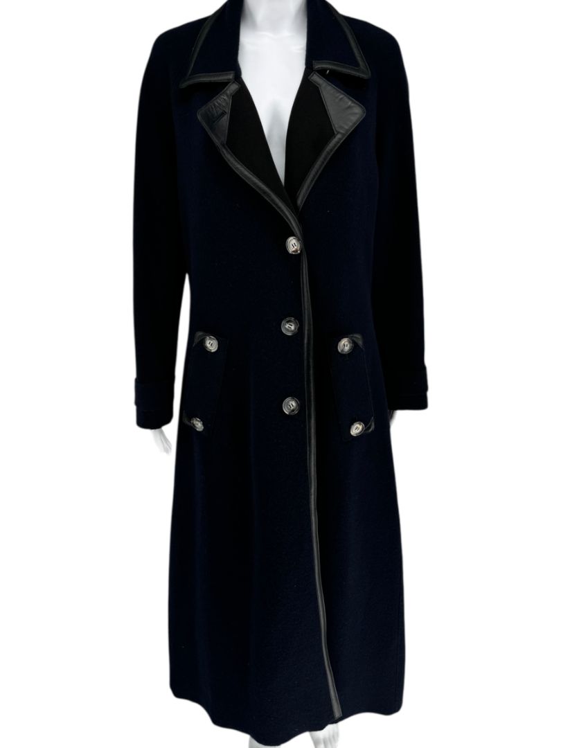 Giorgio Armani Navy Wool-Cashmere Coat with Leather Trim – Size 44