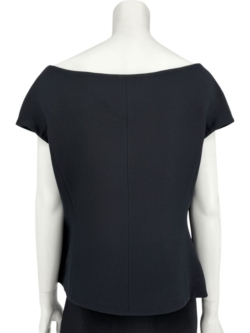 Christian Dior Paris Black Off-Shoulder Wool-Silk Asymmetric Button Top – Size FR 42 / US 10
