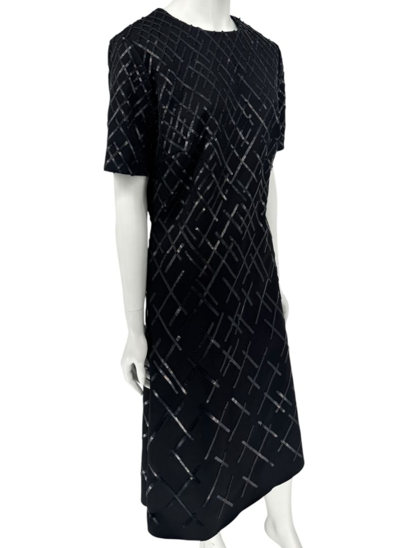 Pamella Roland Black Sequin Grid Shift Dress – Large