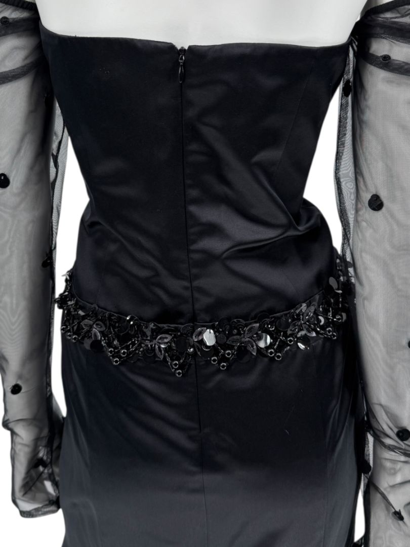 Pamella Roland Black Strapless Evening Dress Embellished Waist Sheer Sleeve Formal Gown - Size 6