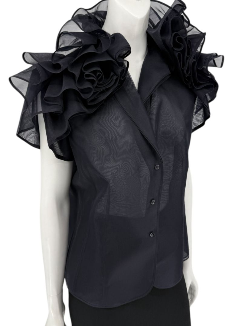 Féraud Paris Navy Silk Organza Ruffle Blouse – FR 44 - NWT