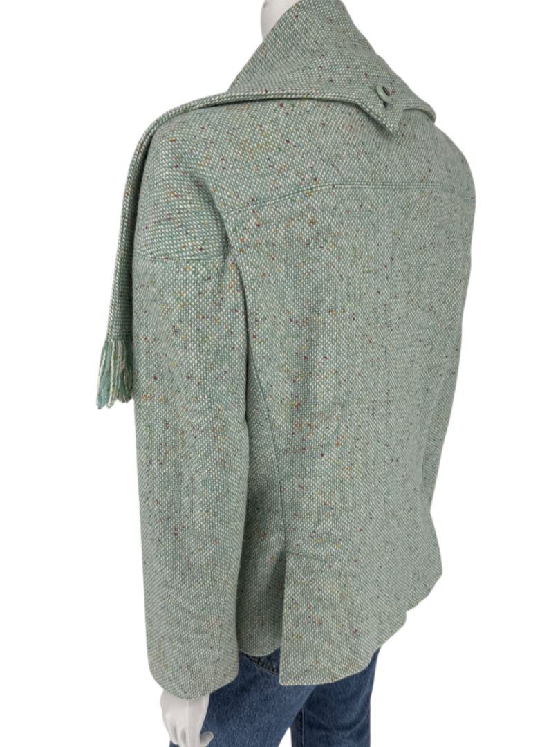 Chanel Women’s Mint Green Wool-Mohair Blend Tweed Jacket with Detachable Scarf – Size 44