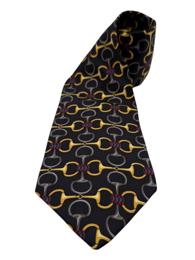 Paolo Gucci Silk Tie – Equestrian Bit Pattern – Black & Gold