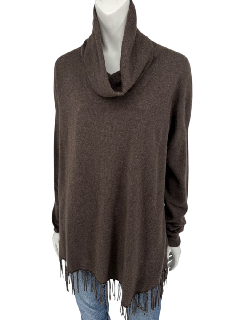 Repeat Cashmere Women’s Brown Wool-Cashmere Fringe Hem Sweater - Size L