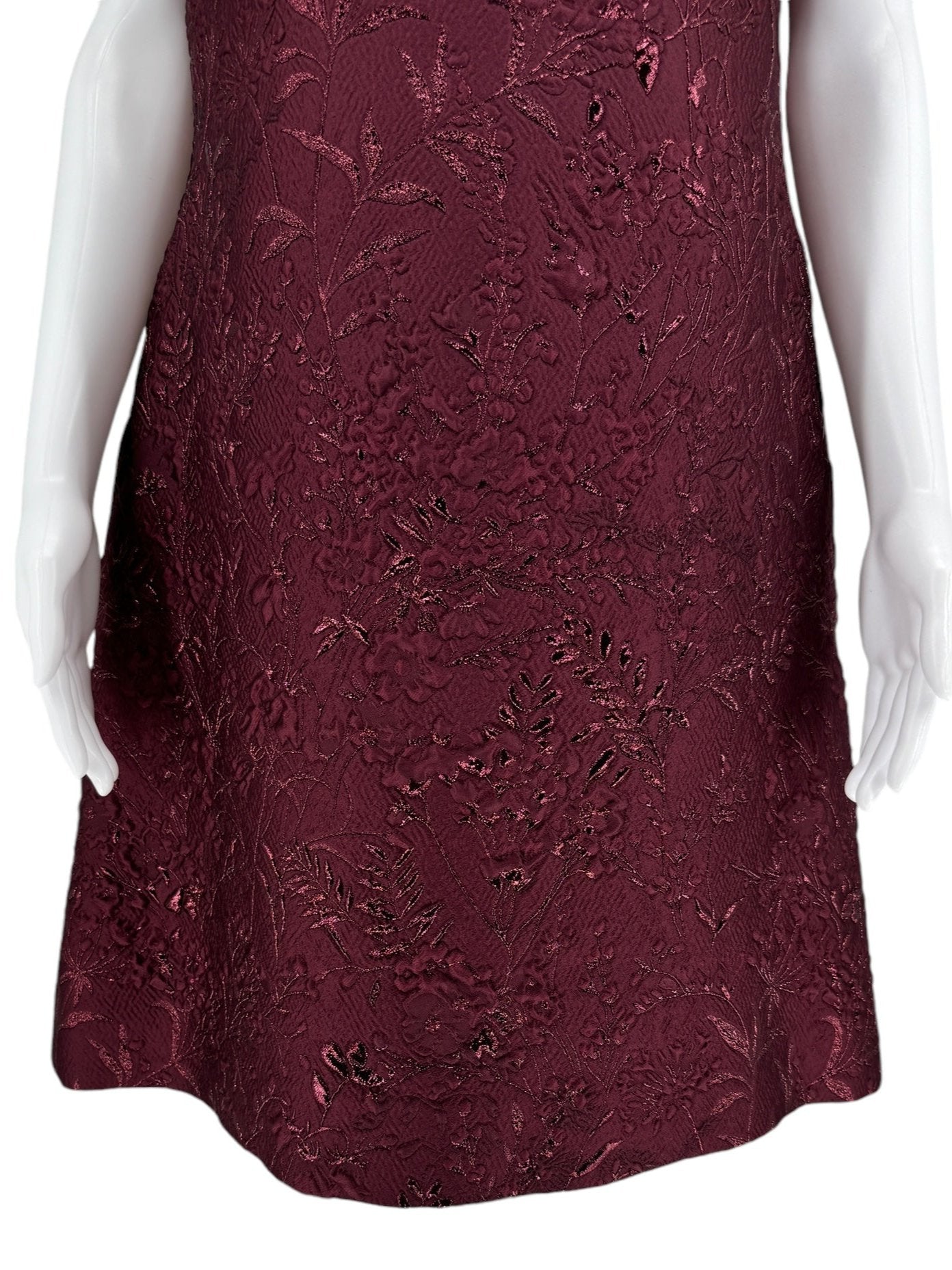 Pamella Roland -Bordeaux/Merlot/Wine Brocade Metallic Floral – Stand Collar, Cap sleeve, A-line dress. Size 8/10