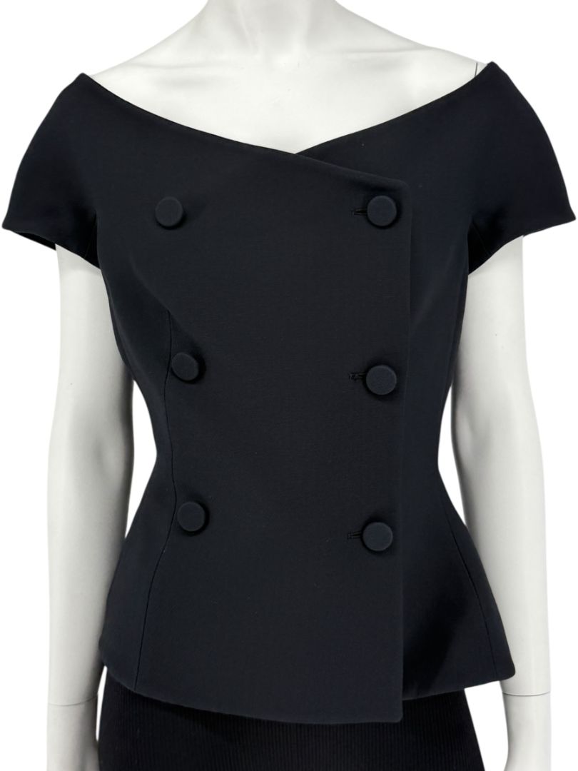 Christian Dior Paris Black Off-Shoulder Wool-Silk Asymmetric Button Top – Size FR 42 / US 10