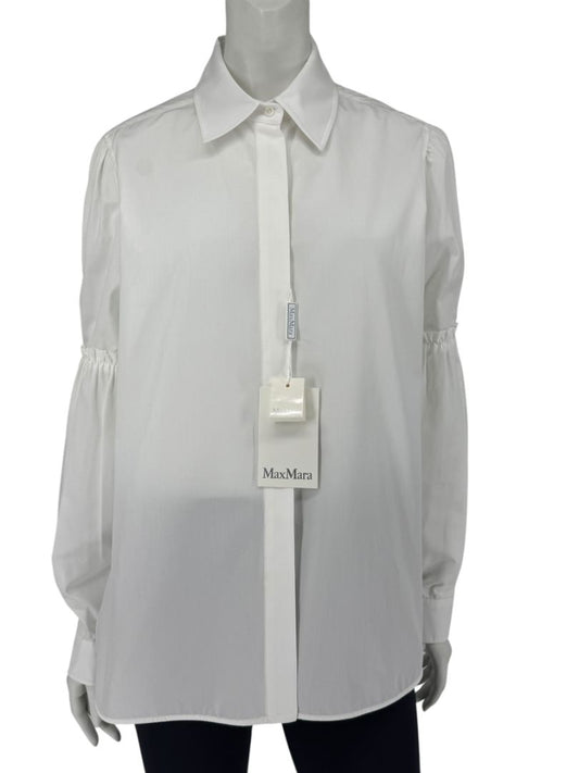 MaxMara White Cotton Blouse with Ruched Sleeves – Size US 12