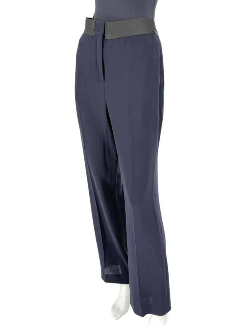 Akris Navy Wool Wide-Leg Trousers with Contrast Waistband – Size IT 46 (US 10)