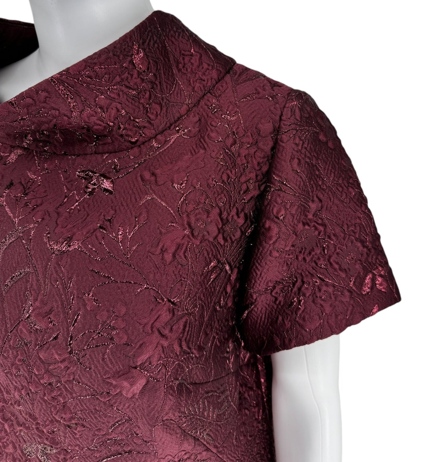 Pamella Roland -Bordeaux/Merlot/Wine Brocade Metallic Floral – Stand Collar, Cap sleeve, A-line dress. Size 8/10