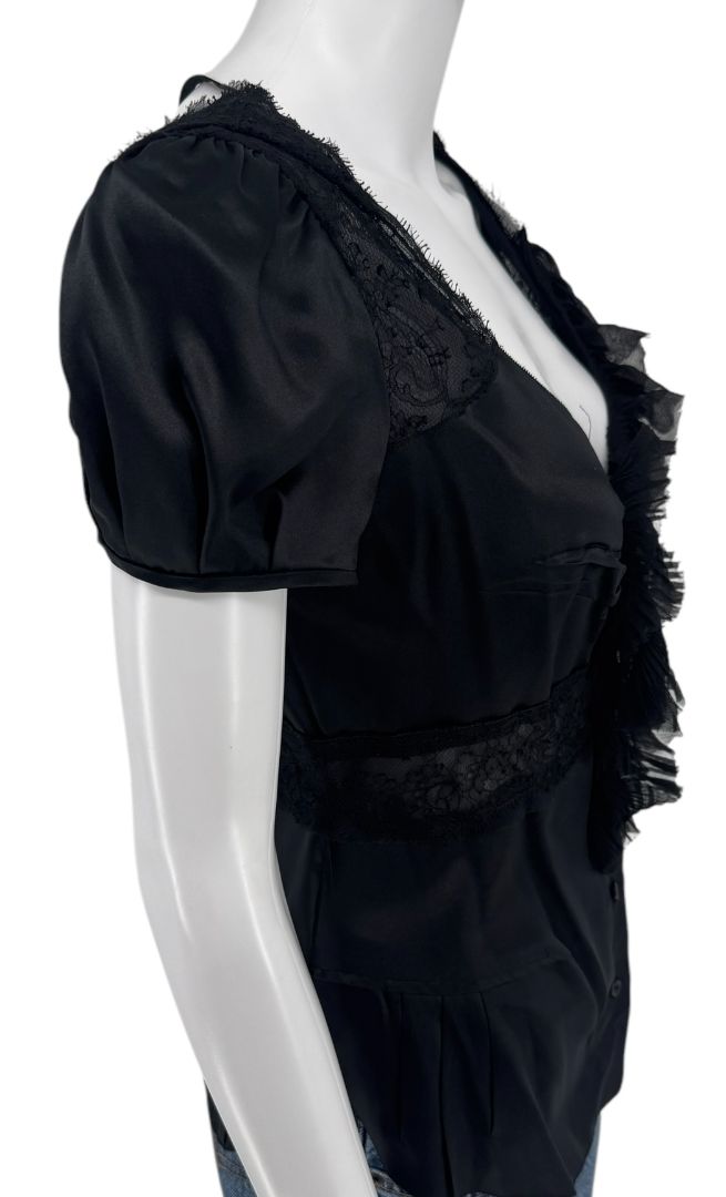 Prada Black Silk Lace Trim Ruffle Blouse – New with Tags – IT 40 / US 4