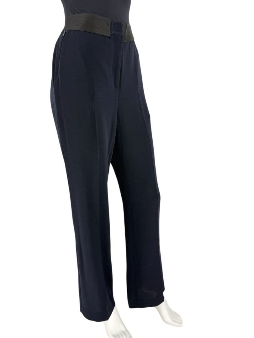 Akris Navy Wool Wide-Leg Trousers with Contrast Waistband – Size IT 46 (US 10)