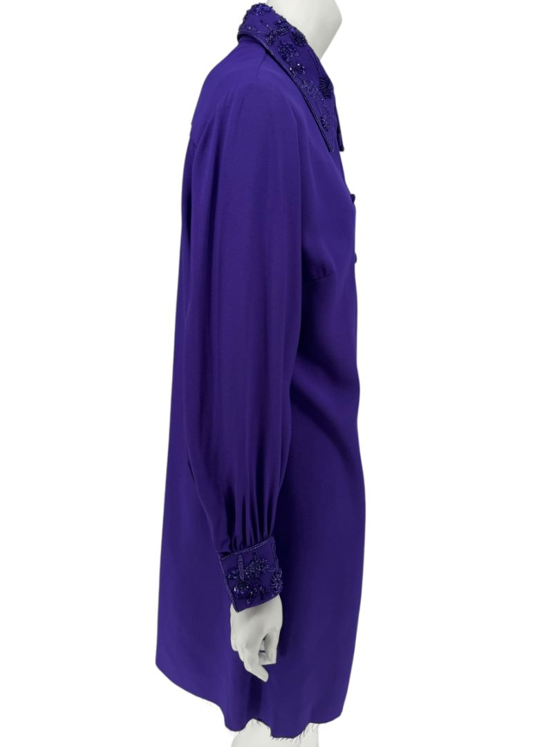 Pamella Roland Purple Beaded Collar & Cuff Shirt Dress with Slip – Large