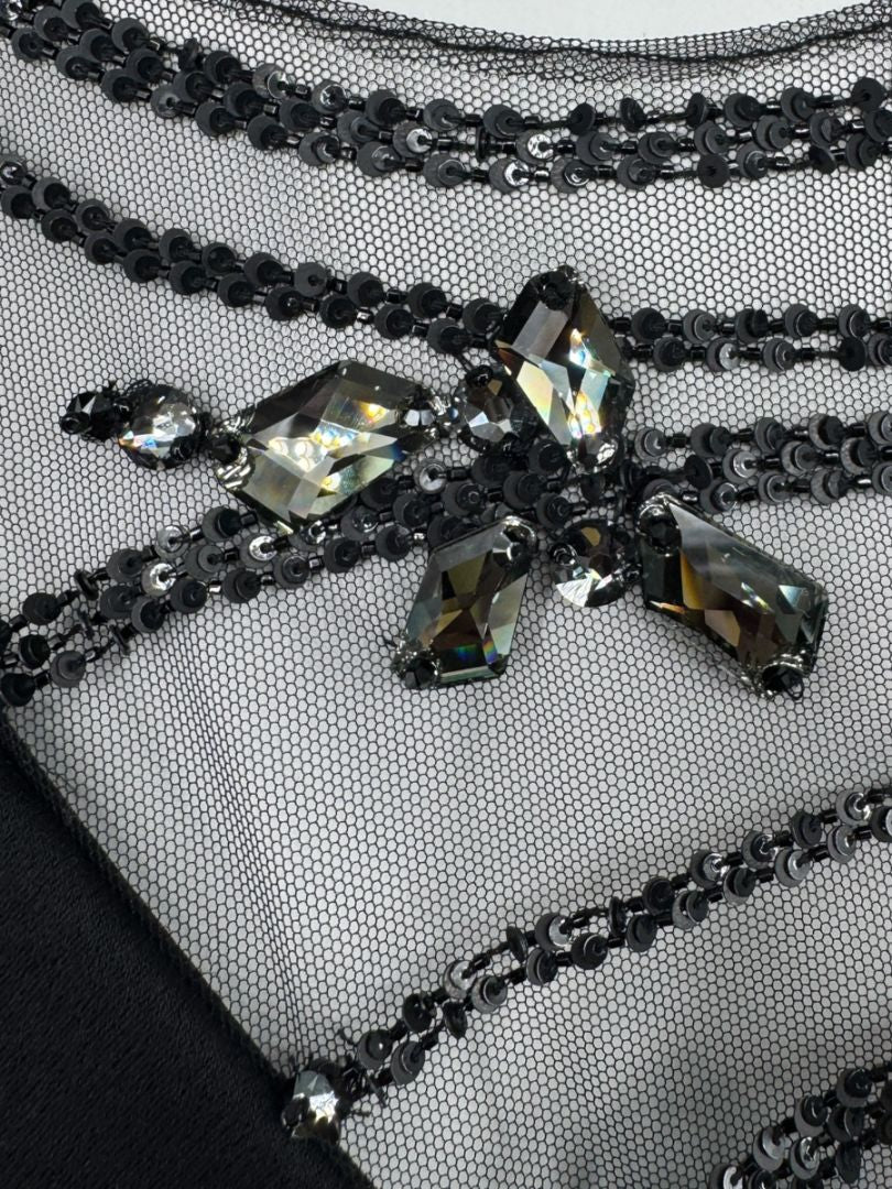 Pamella Roland Black Beaded Illusion Gown – See Measurements – Large